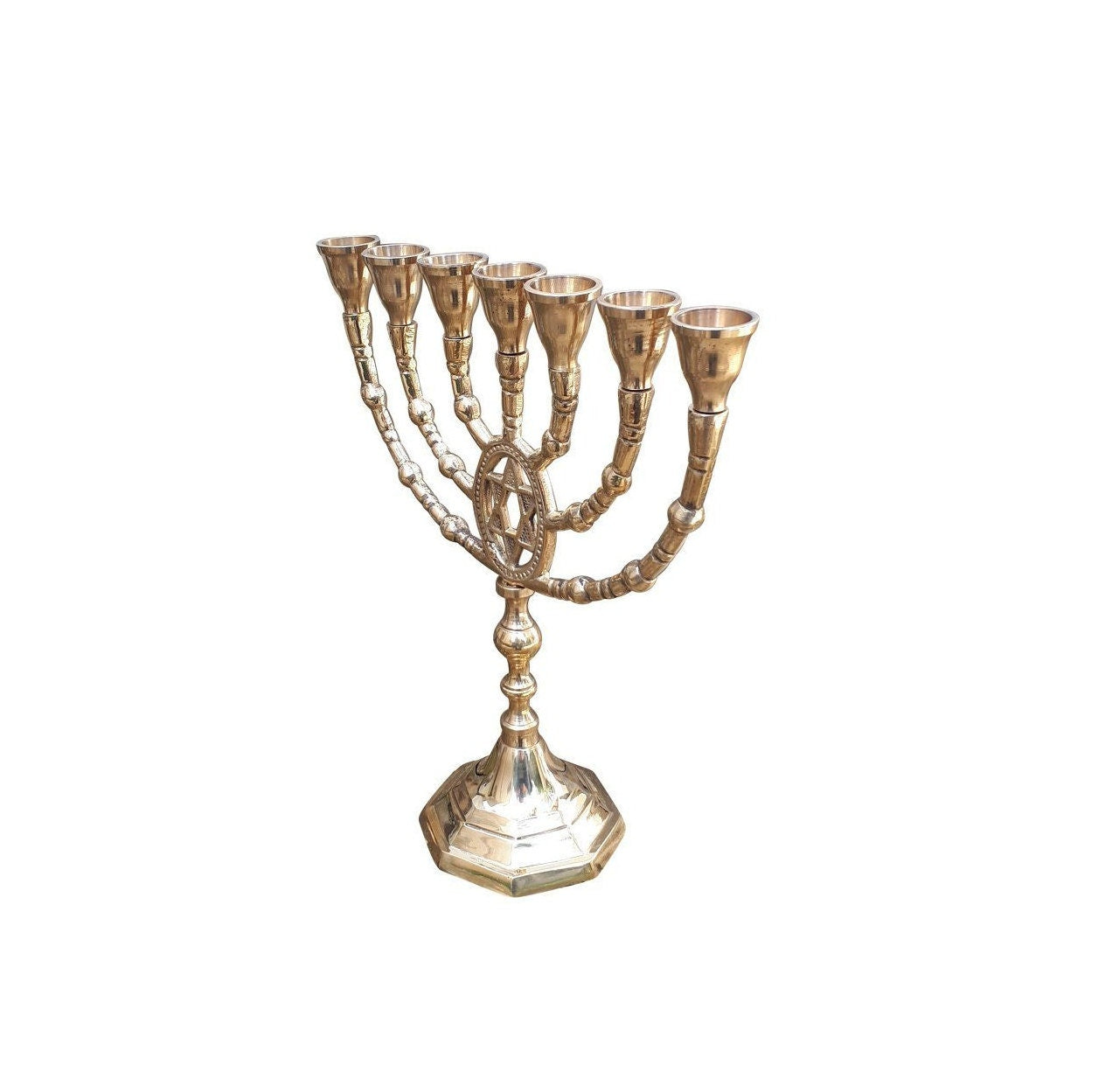 Seven Branches Menorah 9.5 Inches Height Brass/Copper With Star of David