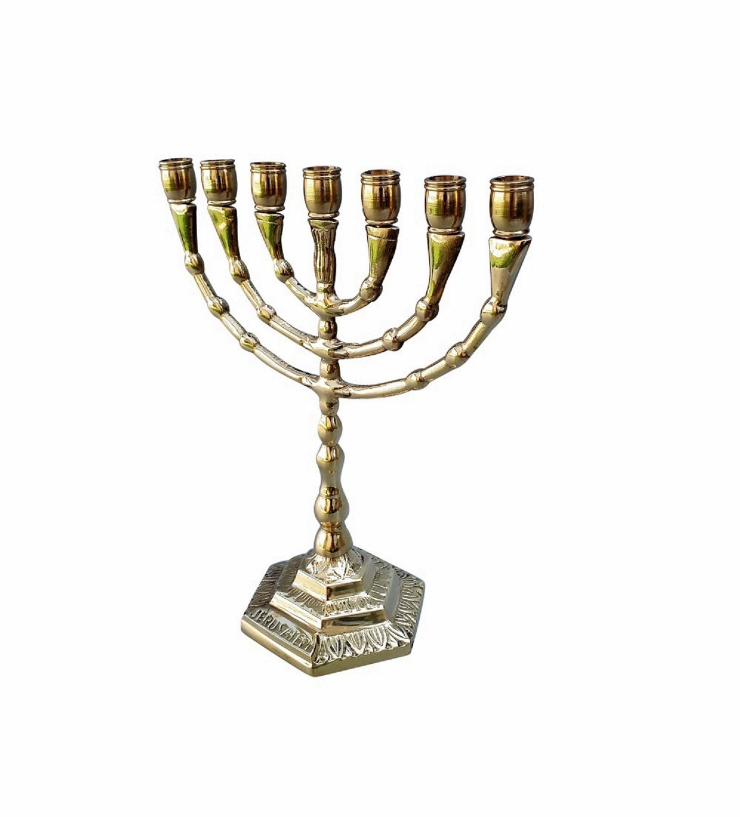 Seven Branches Menorah 6.5 Inches Height Brass/Copper Jeruslaem inscription on base