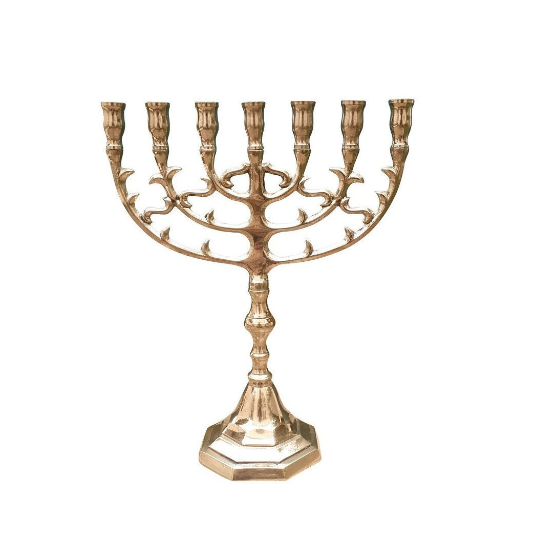 7 Branches Menorah Blossom Leaves Design 9.5 Inches Height Brass/Copper