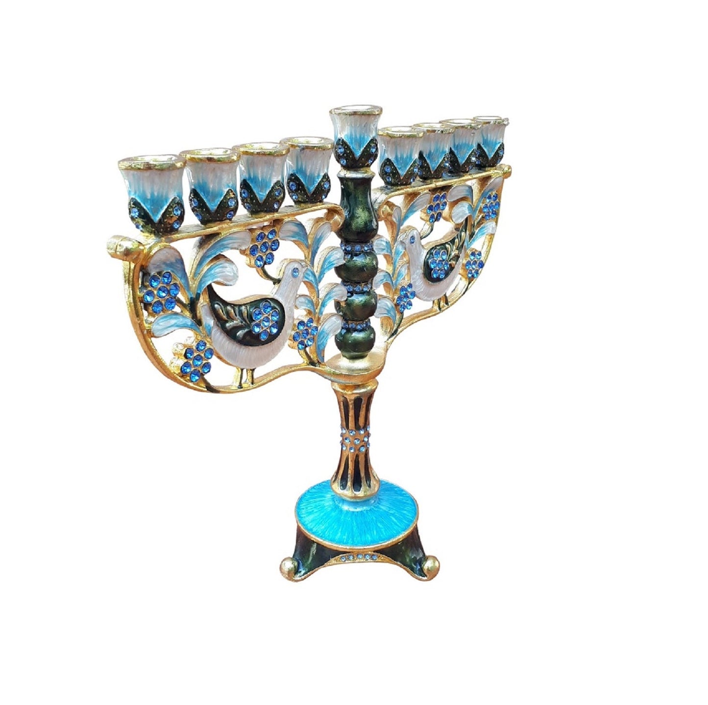 Hanukkah Menorah -  Jewish Chanukkiha 7.5 Inch Height With Pigeon and olive leaves Decorated With Enamel