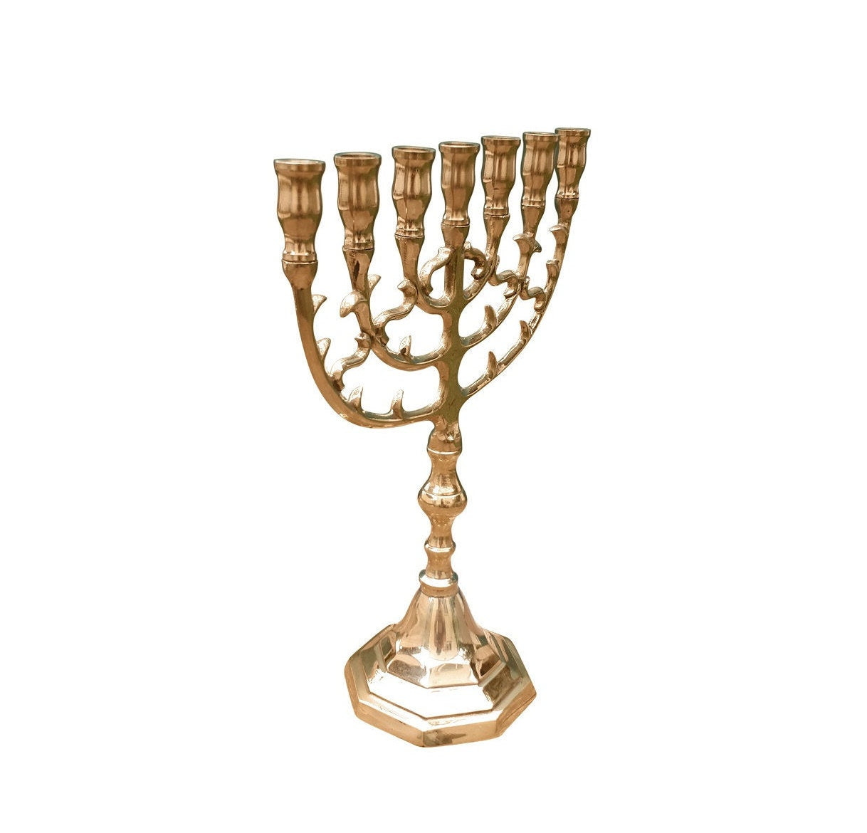 7 Branches Menorah Blossom Leaves Design 9.5 Inches Height Brass/Copper