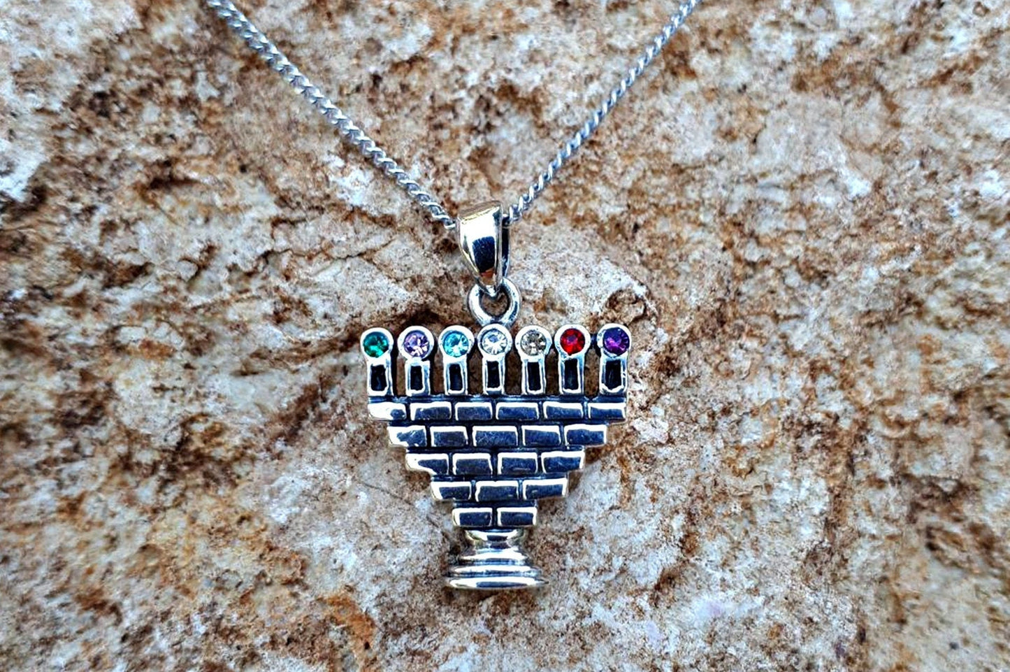 Silver Menorah Pendant with Zircons  Include Necklace (18 Inch)