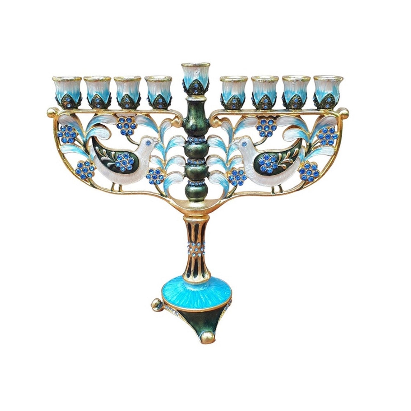 Hanukkah Menorah -  Jewish Chanukkiha 7.5 Inch Height With Pigeon and olive leaves Decorated With Enamel