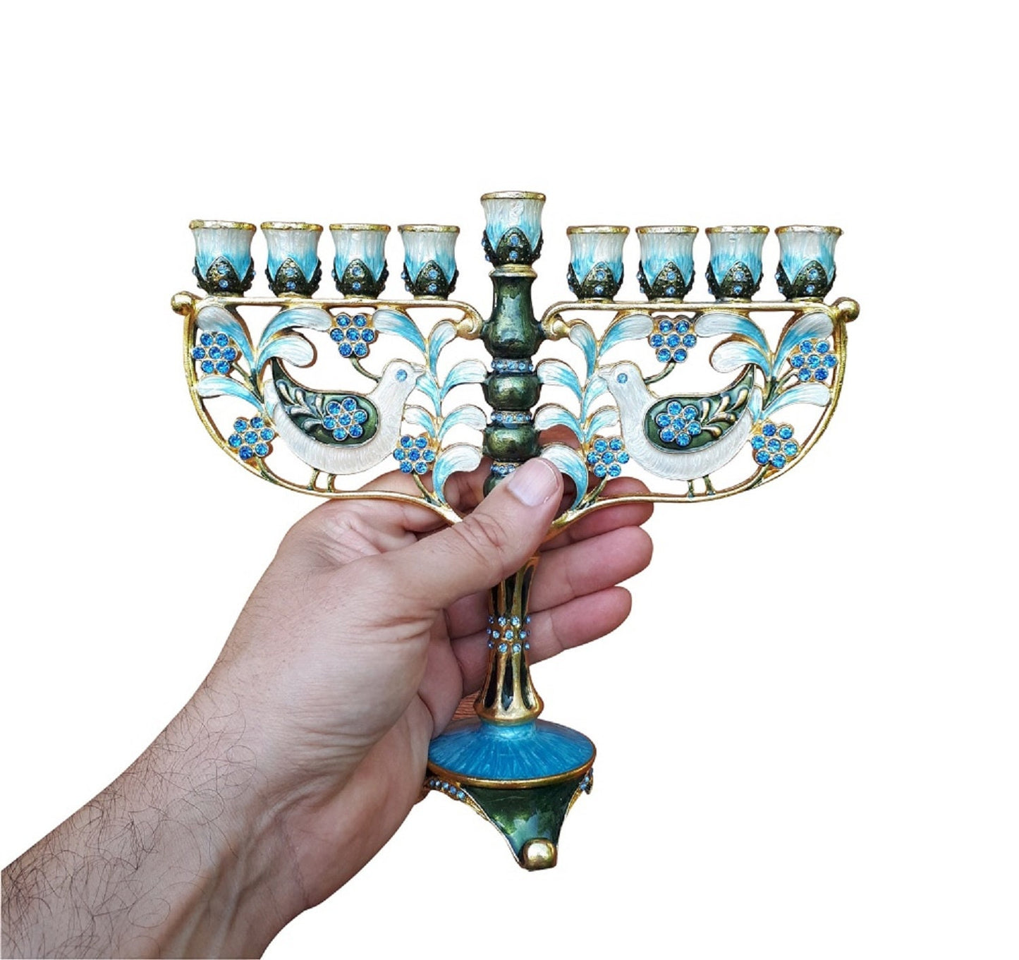 Hanukkah Menorah -  Jewish Chanukkiha 7.5 Inch Height With Pigeon and olive leaves Decorated With Enamel