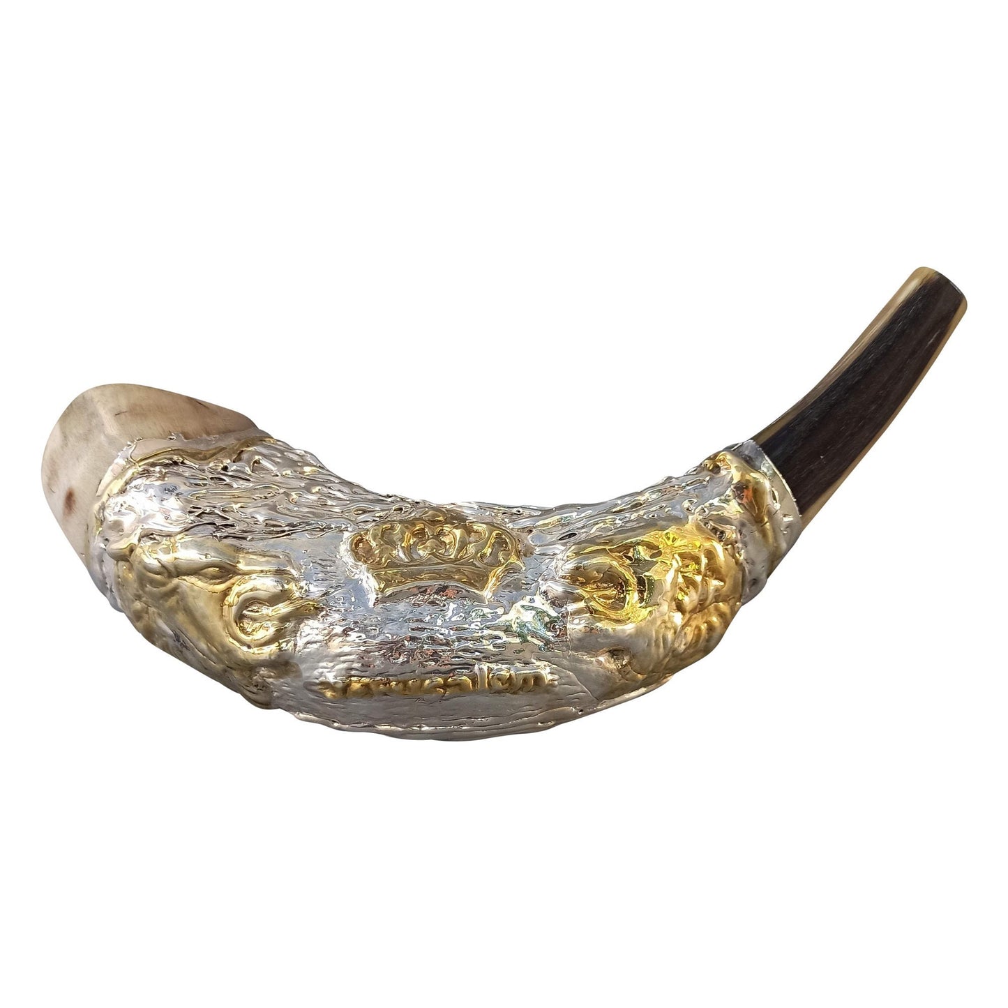 Jewish Shofar Ram Horn 12 -14 Inch Decorated With  Lion Of Judah Silver Plated Comes With Velvet Bag