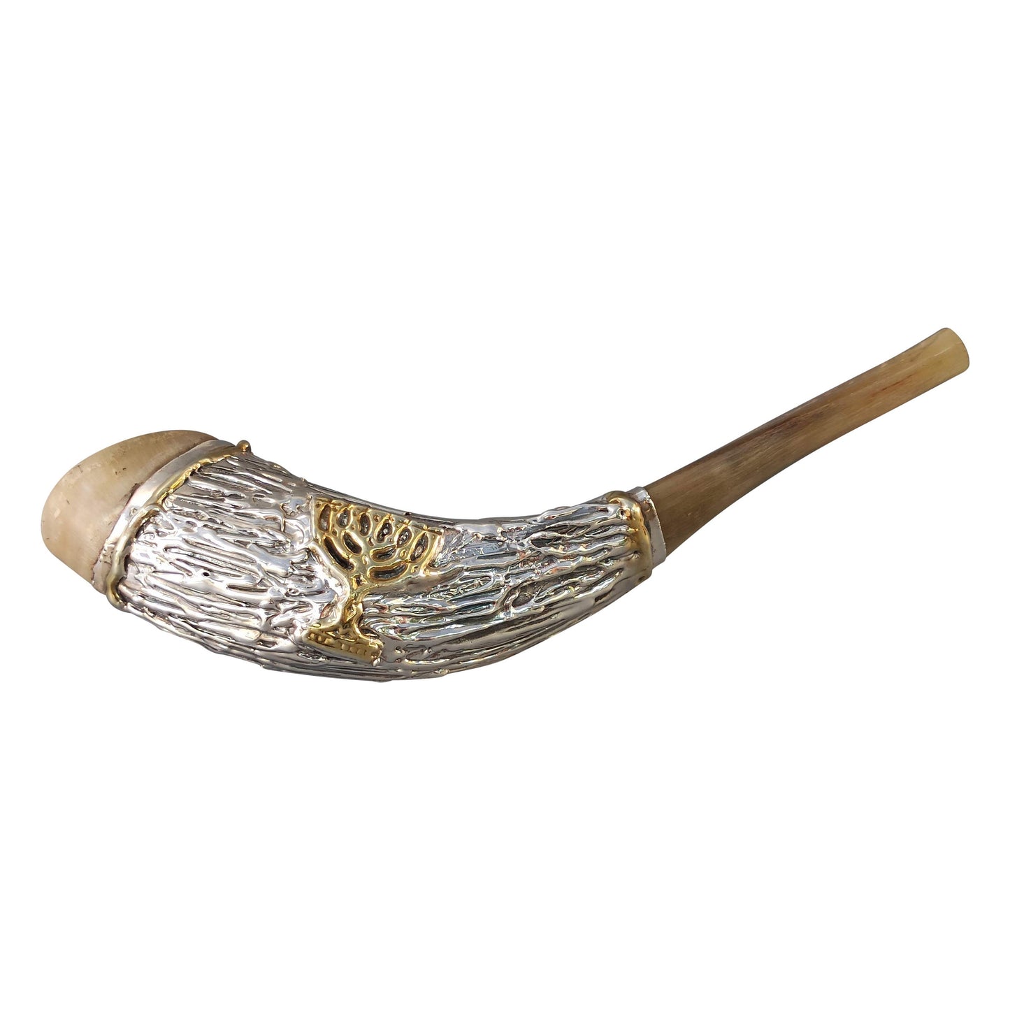 Jewish Shofar Ram Horn 12 -14 Inch Decorated With 7Branch Menorah Silver Plated comes With Velvet Bag