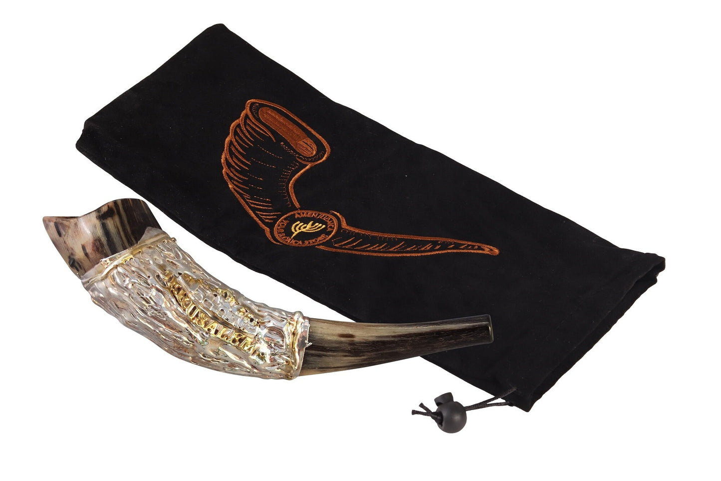 Jewish Shofar Ram Horn 10-12 Inch With Jerusalem Silver Plated And Bag