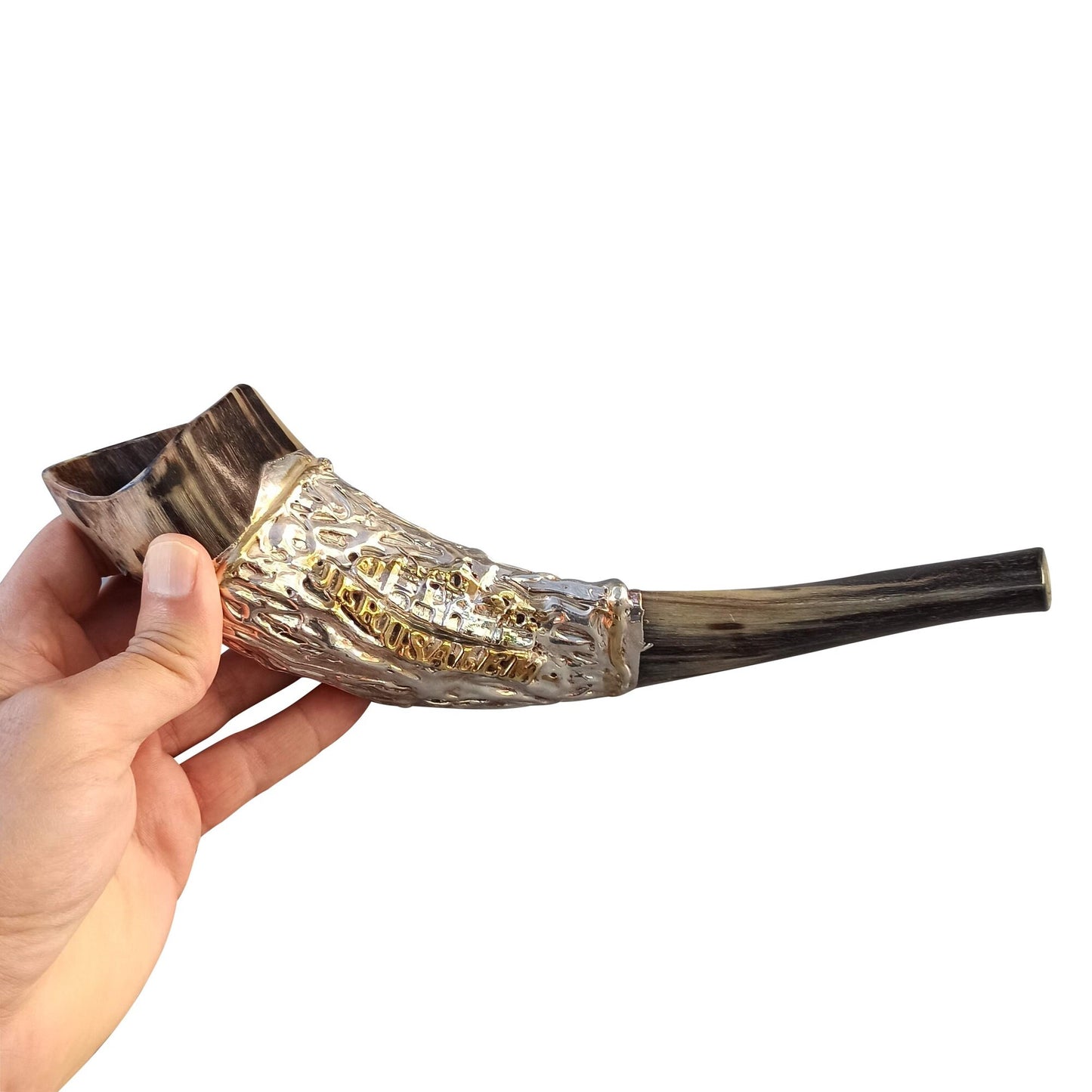 Jewish Shofar Ram Horn 10-12 Inch With Jerusalem Silver Plated And Bag