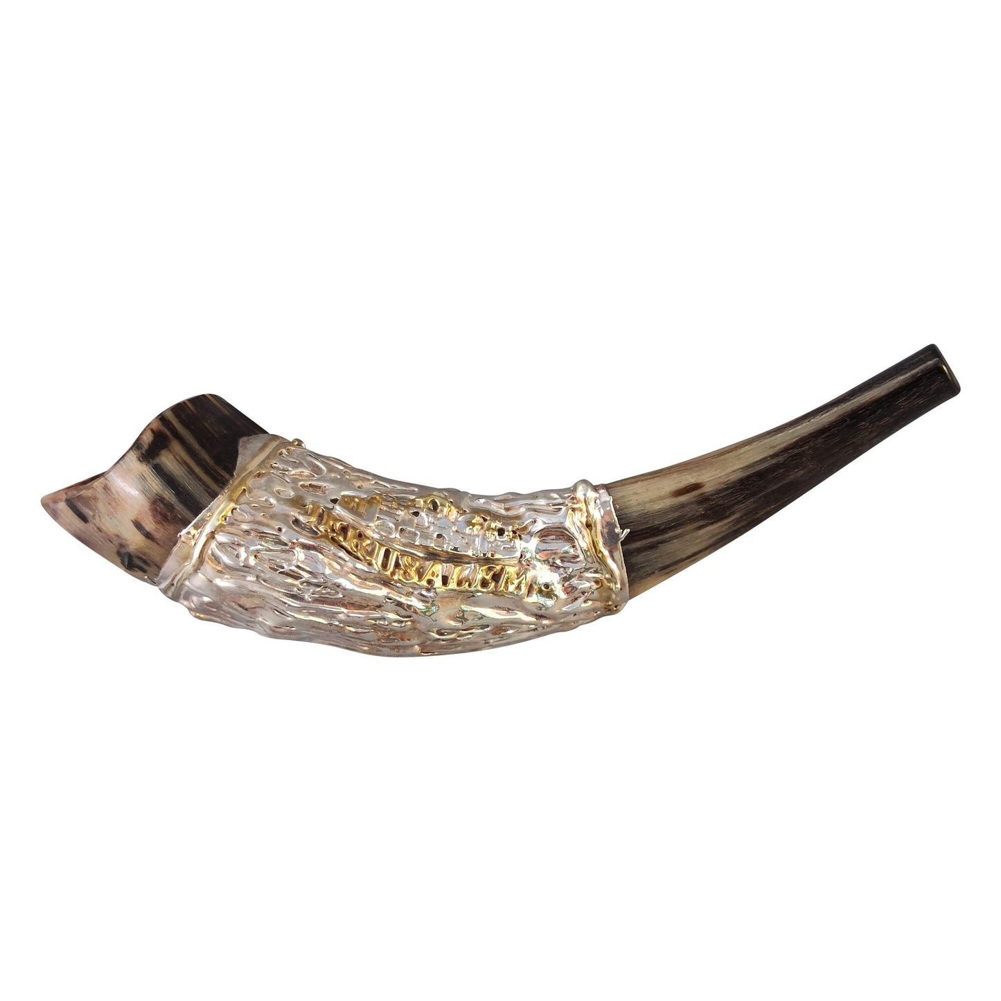 Jewish Shofar Ram Horn 10-12 Inch With Jerusalem Silver Plated And Bag