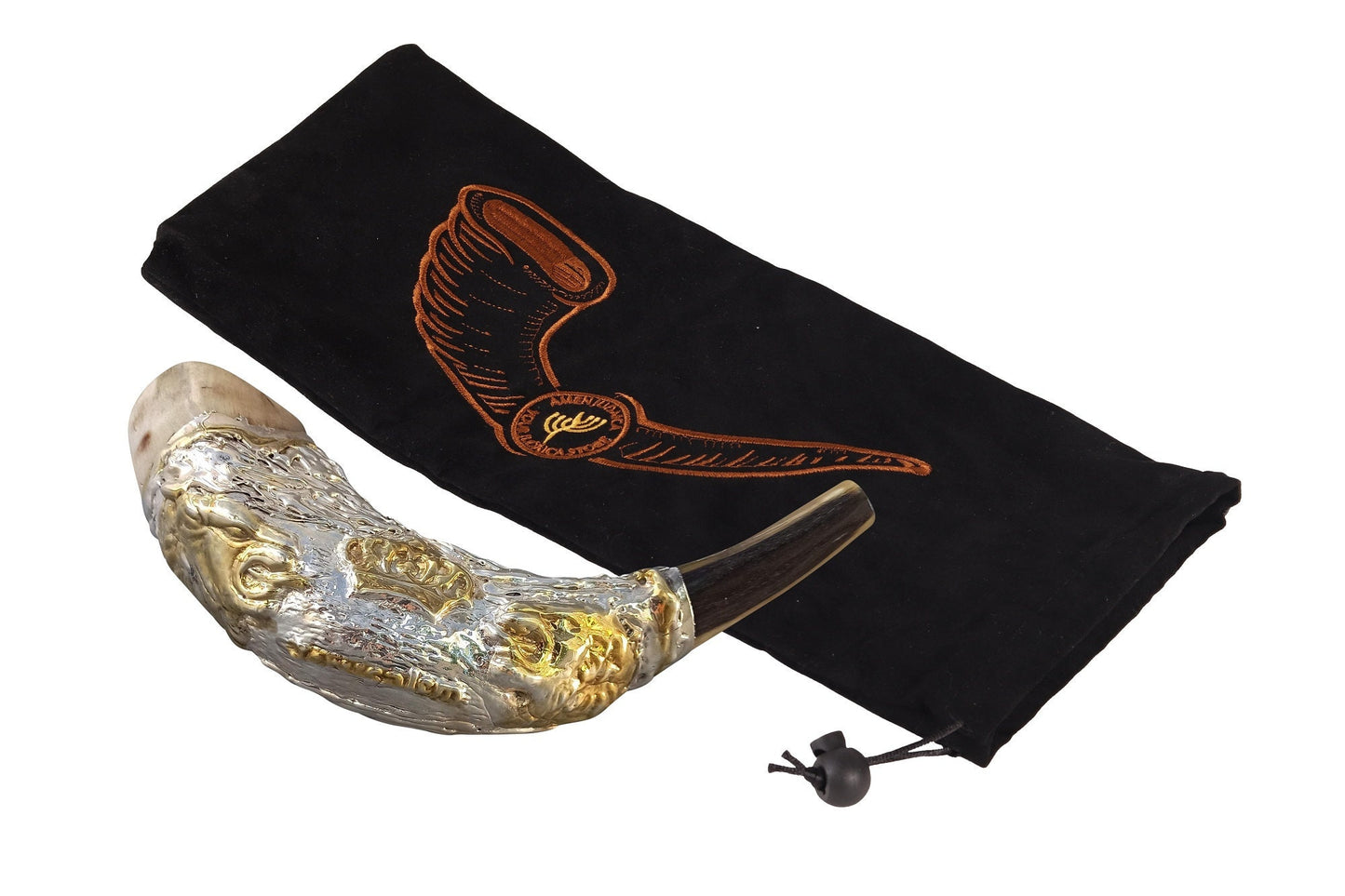 Jewish Shofar Ram Horn 12 -14 Inch Decorated With  Lion Of Judah Silver Plated Comes With Velvet Bag