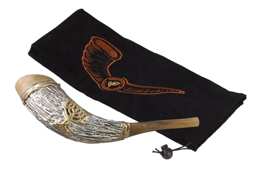 Jewish Shofar Ram Horn 12 -14 Inch Decorated With 7Branch Menorah Silver Plated comes With Velvet Bag