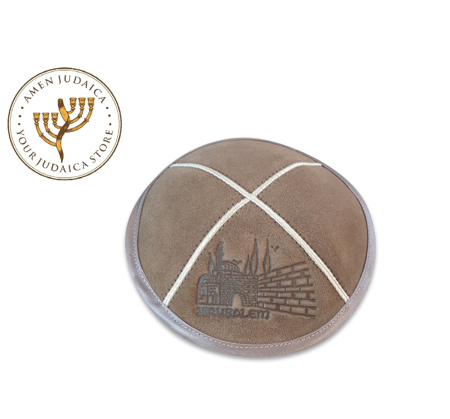 Amen Judaica Leather Kippa yarmulka With Jerusalem Stamping