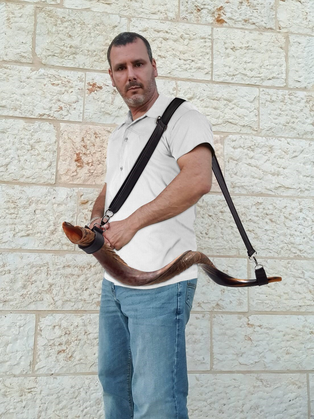 Kudu Horn Shofar Carrying Strap, Shofar Belt - From Soft Leather  (shofar not included) Adjustable Size