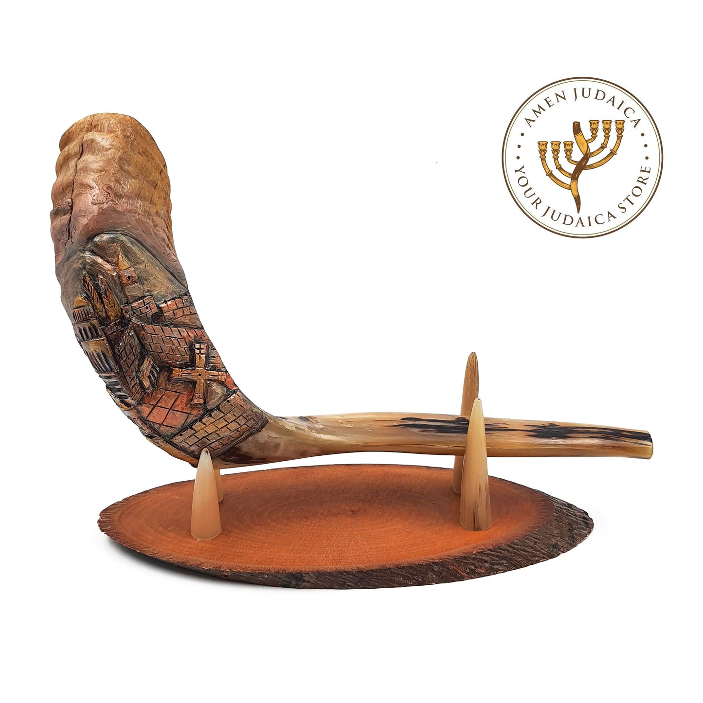 Amen Judaica Engraved Shofar Jerusalem View 18"-20" Ram Horn Shofar