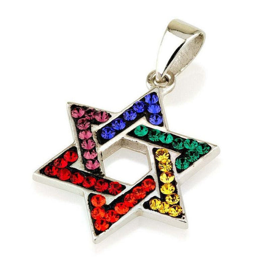 Colourful Star Of David Pendant Necklace Silver 925 Plus Chain Inlay With Swarovski Stones