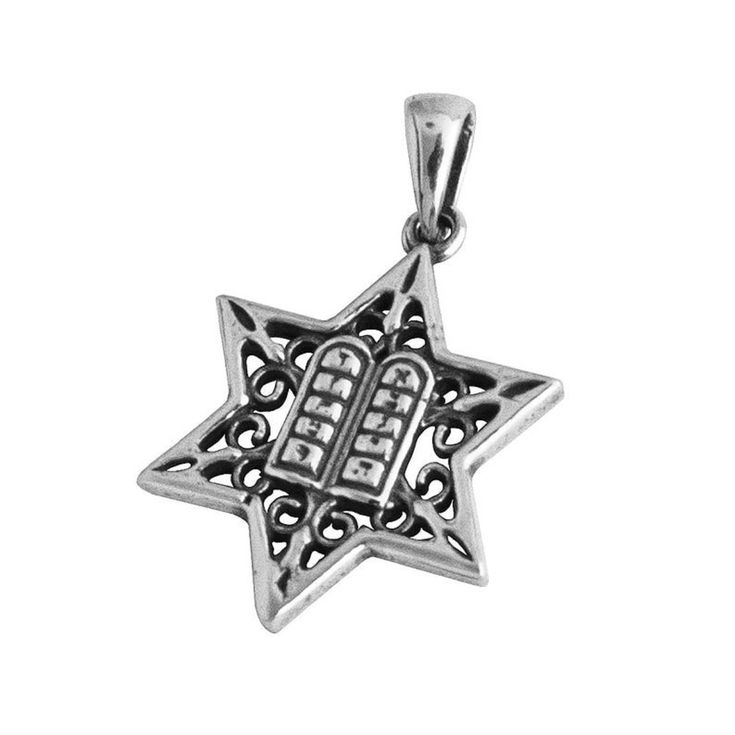 Star Of David Pendant with 10 Commandments 925 Sterling Silver Plus Chain