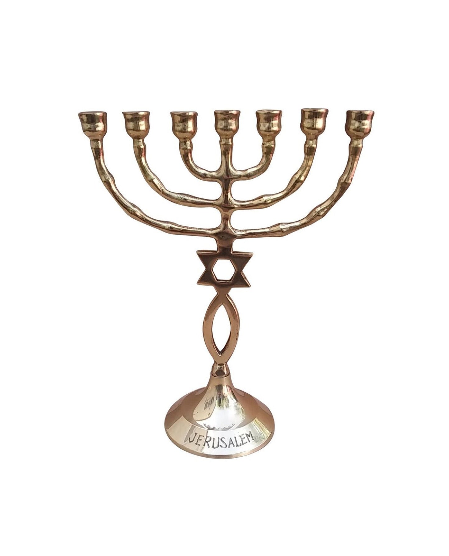 Seven Branches Messianic Menorah Candle Holder 8.5 Inches Height Brass/Copper