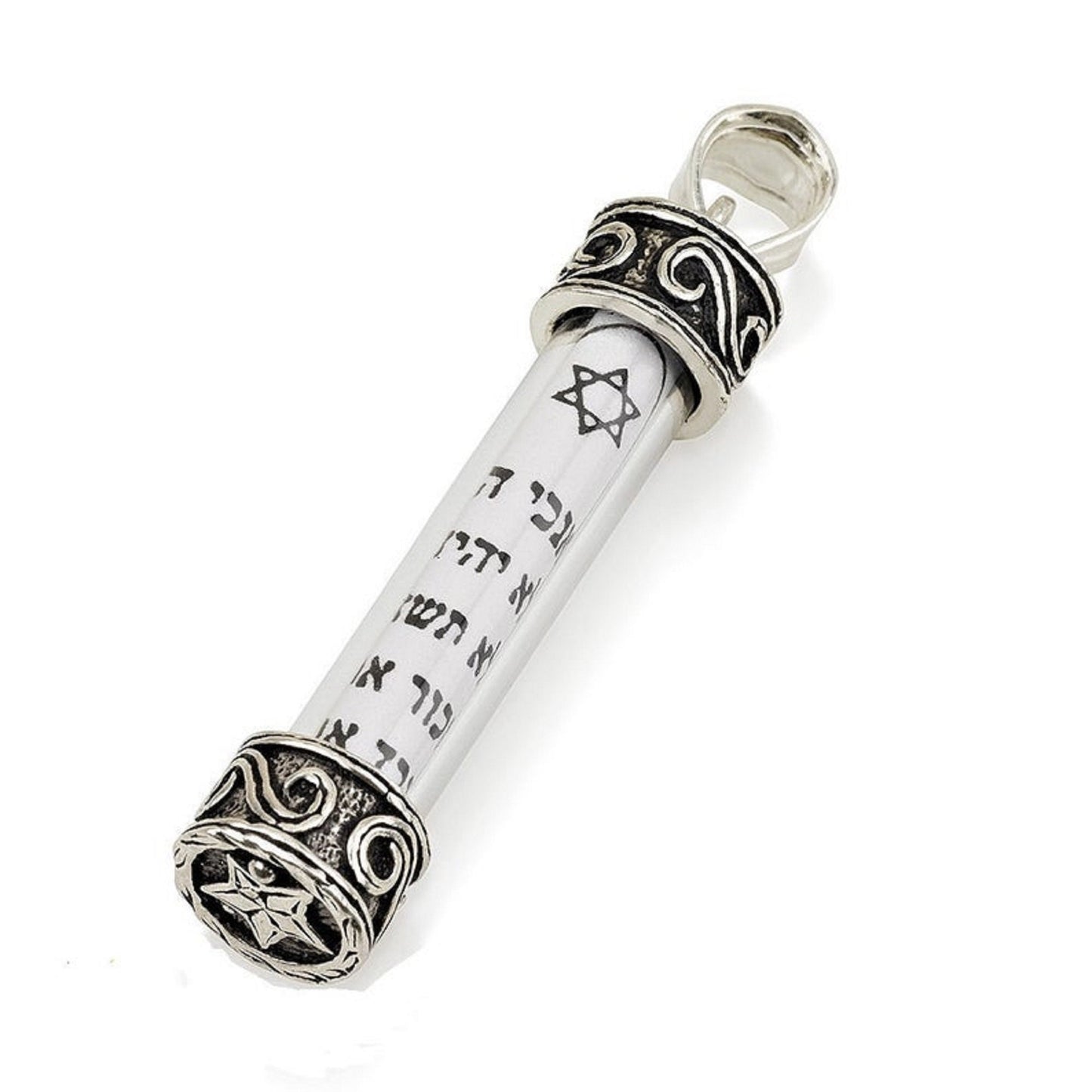 10 Commandments Mezuzah Charm Pendant Necklace with Chain, 925 Sterling Silver , Scroll with 10 Commandments Inside