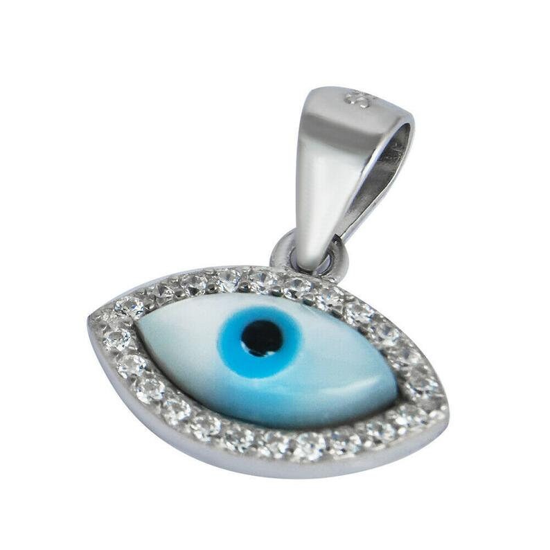 Evil Eye Kabbalah With Zircons & Mini Oval Glass Pendant Protect Charm + Chain