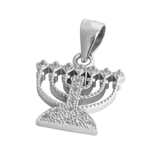 Menorah 7 Branch Pendant Necklace, 925 Silver & Zircon Stones With Chain