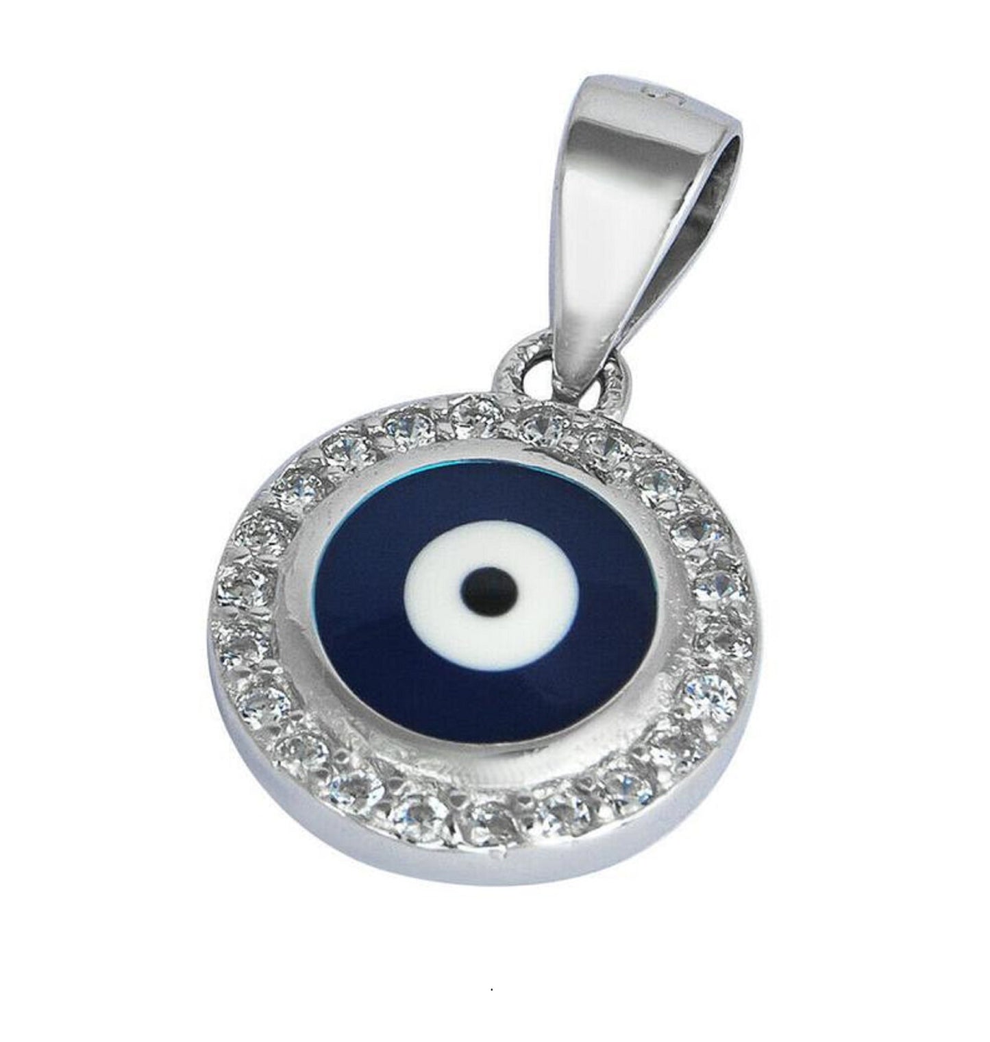 Small Evil Eye Kabbalah Pendnat Charm Inlay With Zircons & Glass Eye 925 Sterling Silver