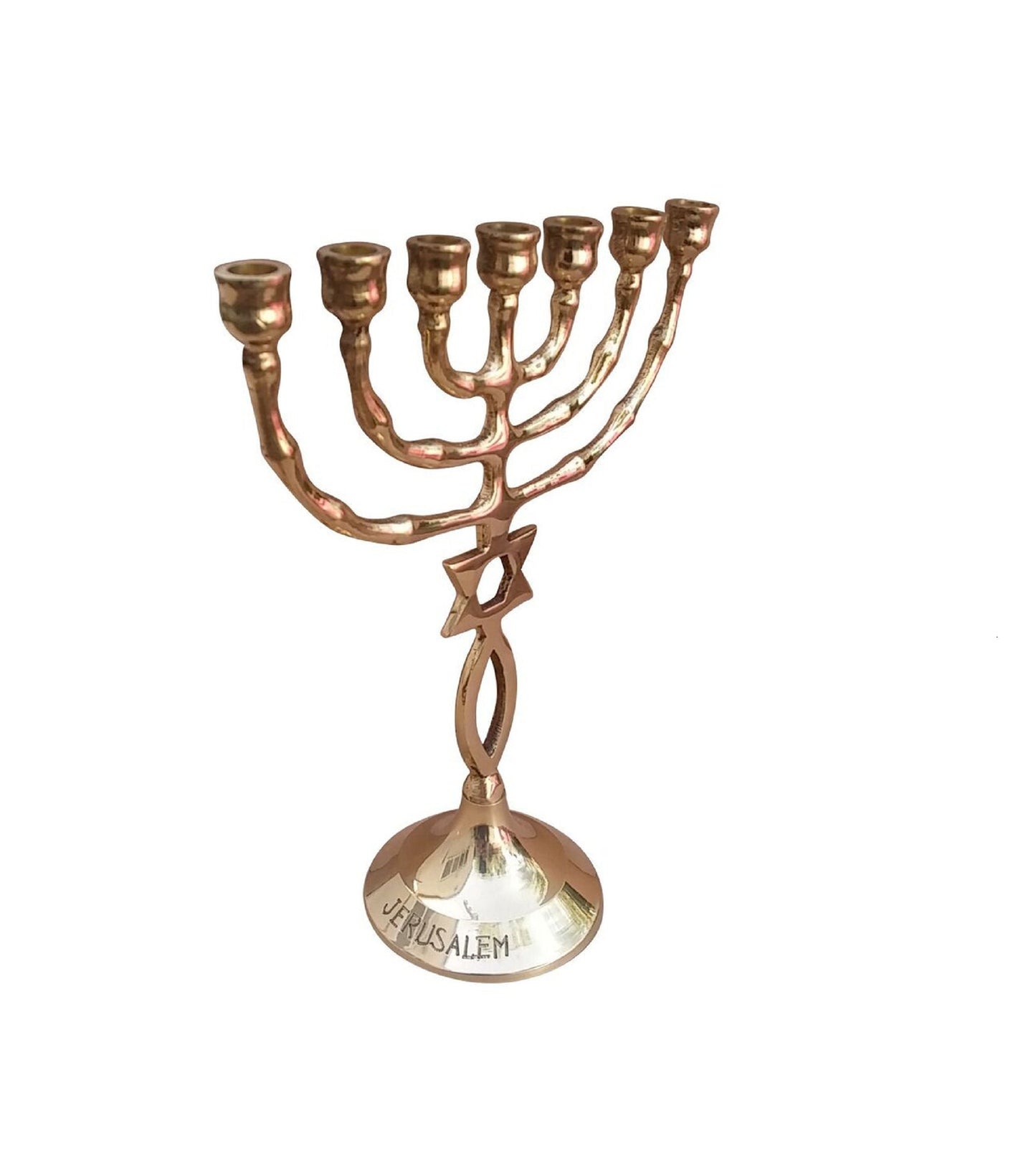 Seven Branches Messianic Menorah Candle Holder 8.5 Inches Height Brass/Copper