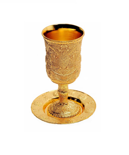 Kiddush Cup Goblet for Jewish Shabbat And Holidays Gold Plated & Plate Filigree Design