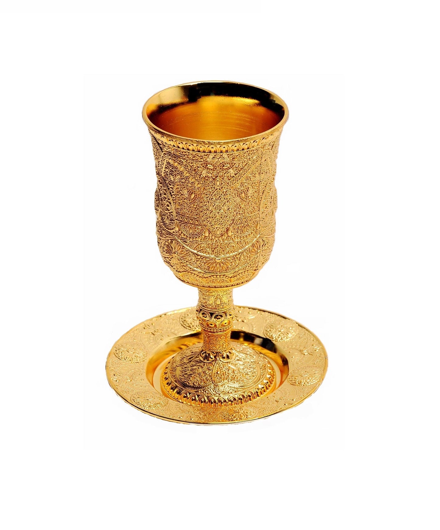 Kiddush Cup Goblet Gold Plated & Plate Filigree Design