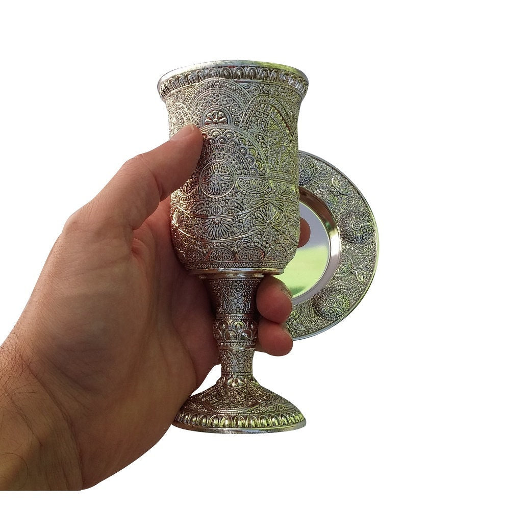 Kiddush Cup Goblet  Silver Plated & Plate Filigree Design **FAST shipping in USA 2-5**