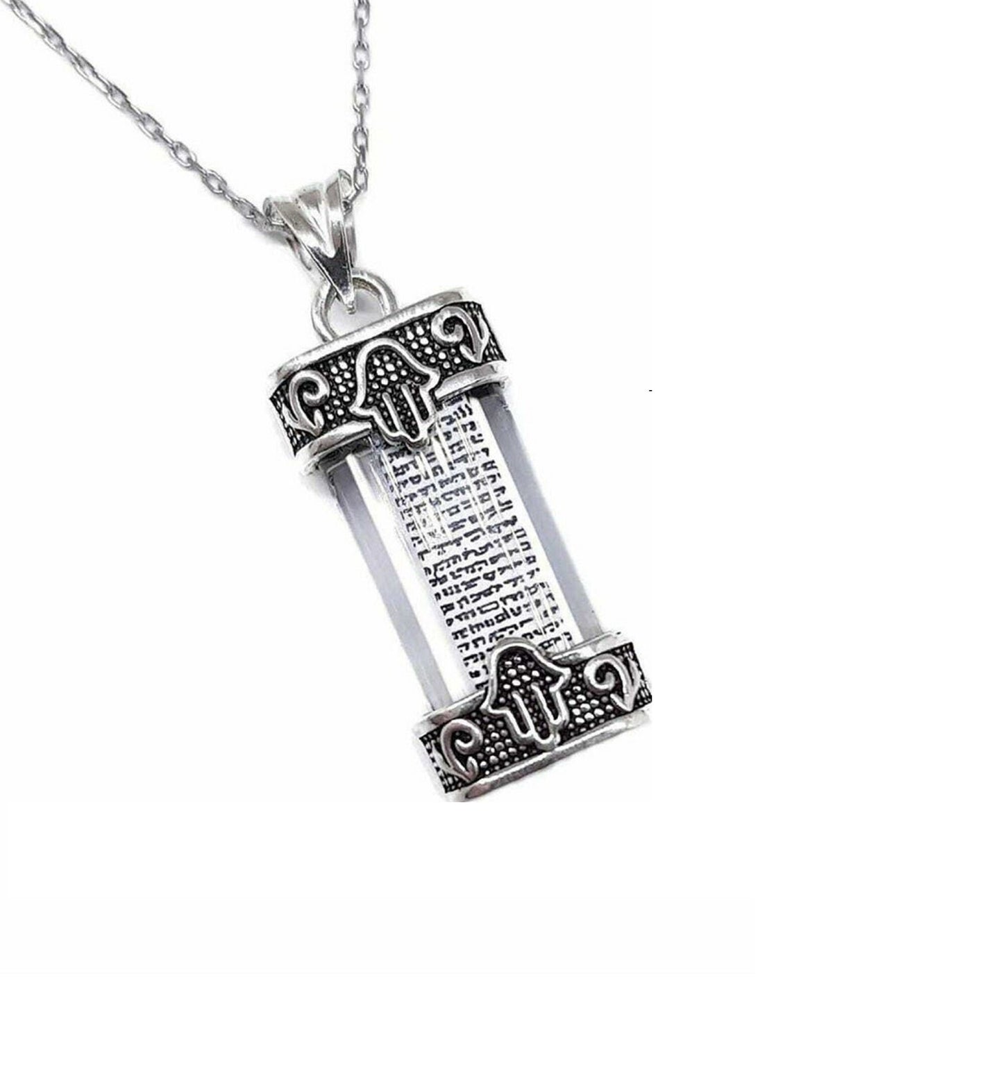 Mezuzah Necklace  Pendant & Evil Eye Hamsa Hand  925 Silver With shema israel Jewish prayer Scroll Plus Chain