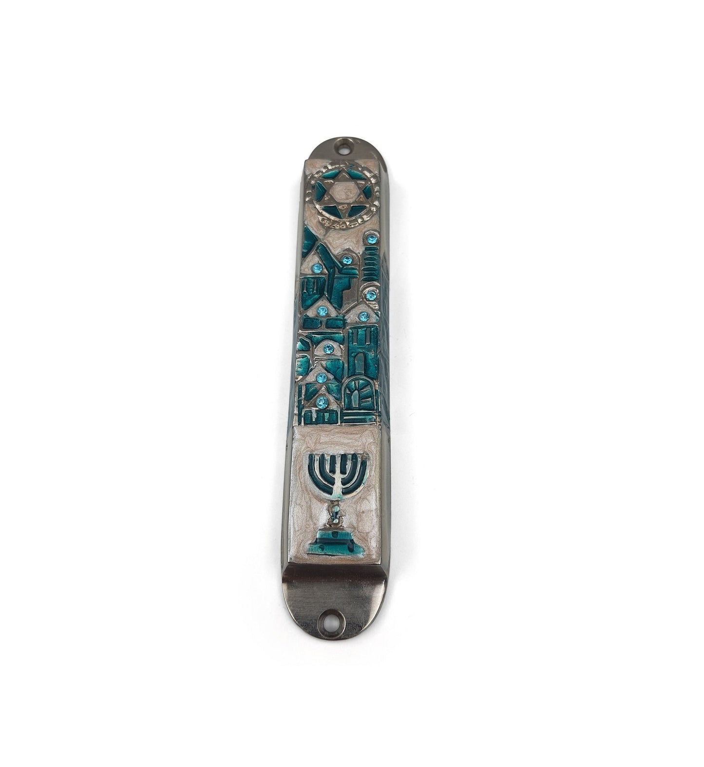 Jerusalem Design Door Mezuzah Case -  For 10 cm Scroll with enamel And Stones