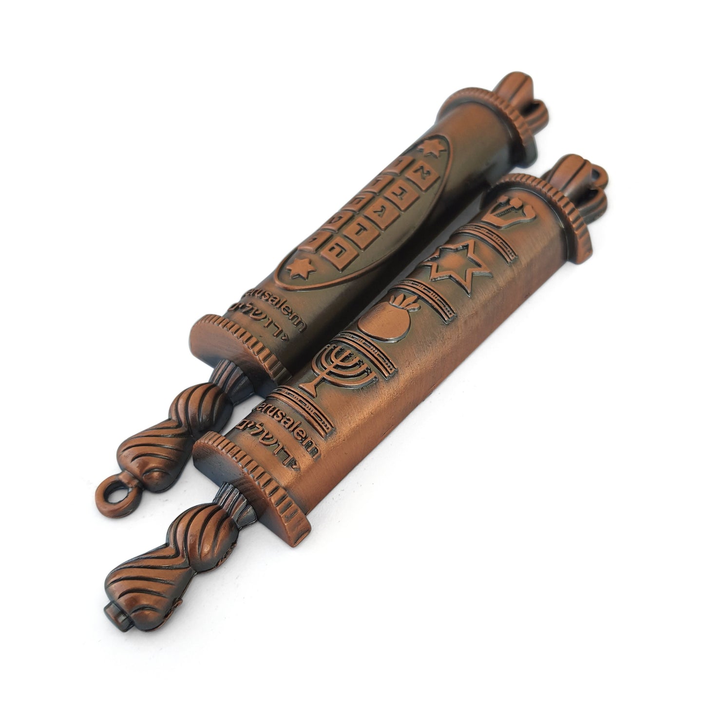 Torah Door Mezuzah With Jewish Symbols: Menorah, Shadai, Ten Commandments, Pomegrante And Star Of David, Metal Mezuzah Red Bronze Color