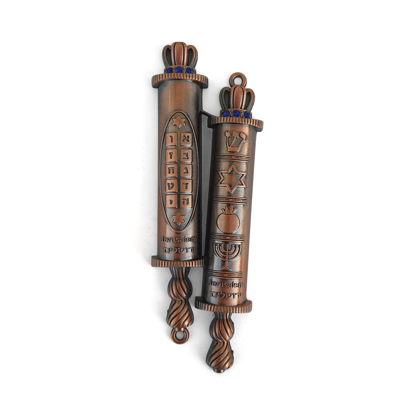 Torah Door Mezuzah With Jewish Symbols: Menorah, Shadai, Ten Commandments, Pomegrante And Star Of David, Metal Mezuzah Red Bronze Color