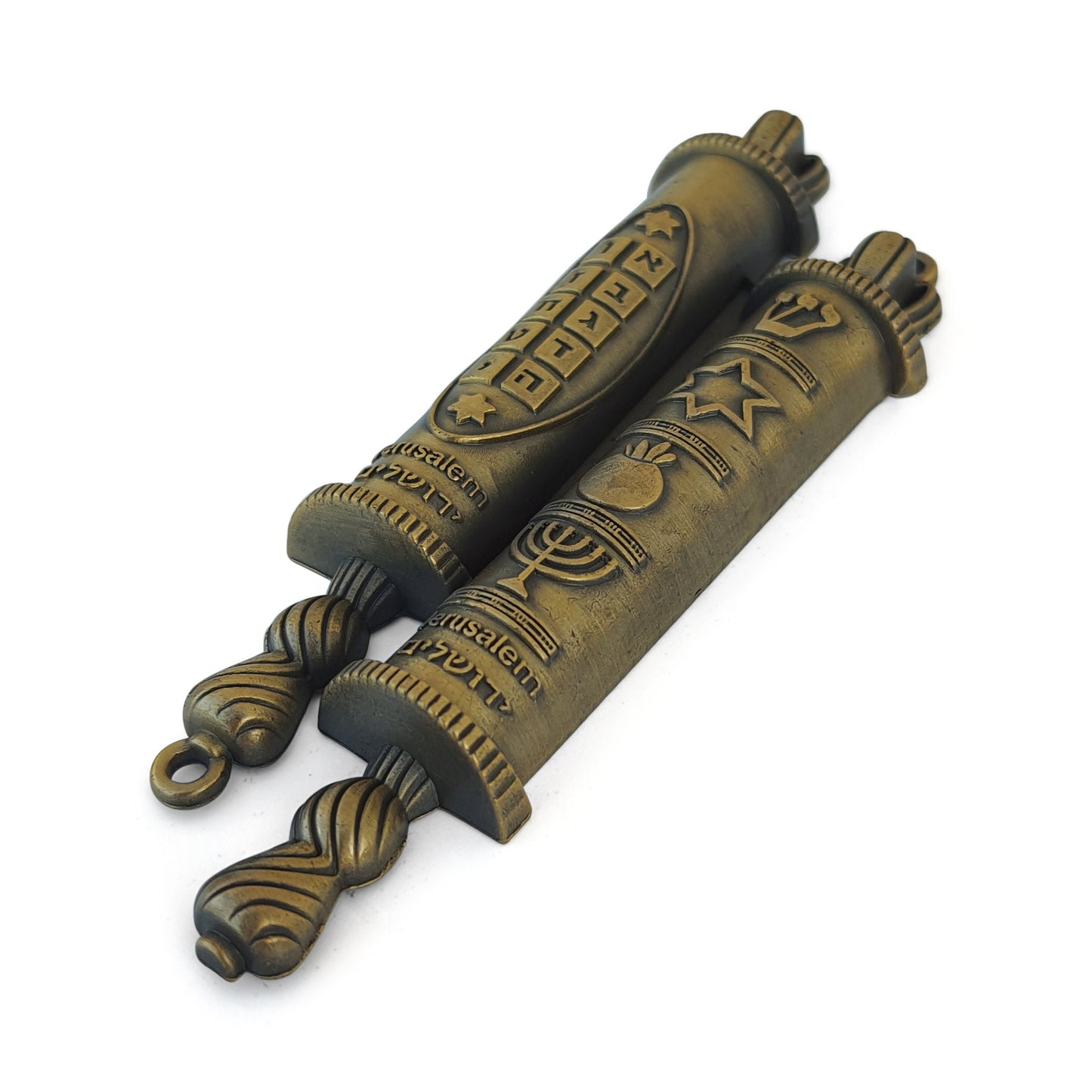 Torah Door Mezuzah With Jewish Symbols: Menorah, Shadai, Ten Commandments, Pomegrante And Star Of David, Metal Mezuzah Bronze Color