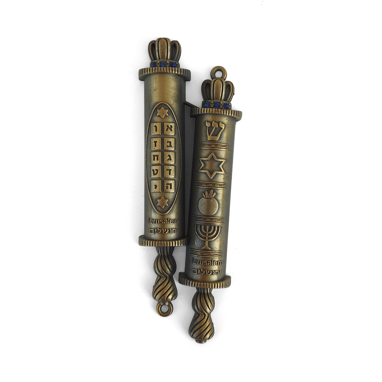 Torah Door Mezuzah With Jewish Symbols: Menorah, Shadai, Ten Commandments, Pomegrante And Star Of David, Metal Mezuzah Bronze Color