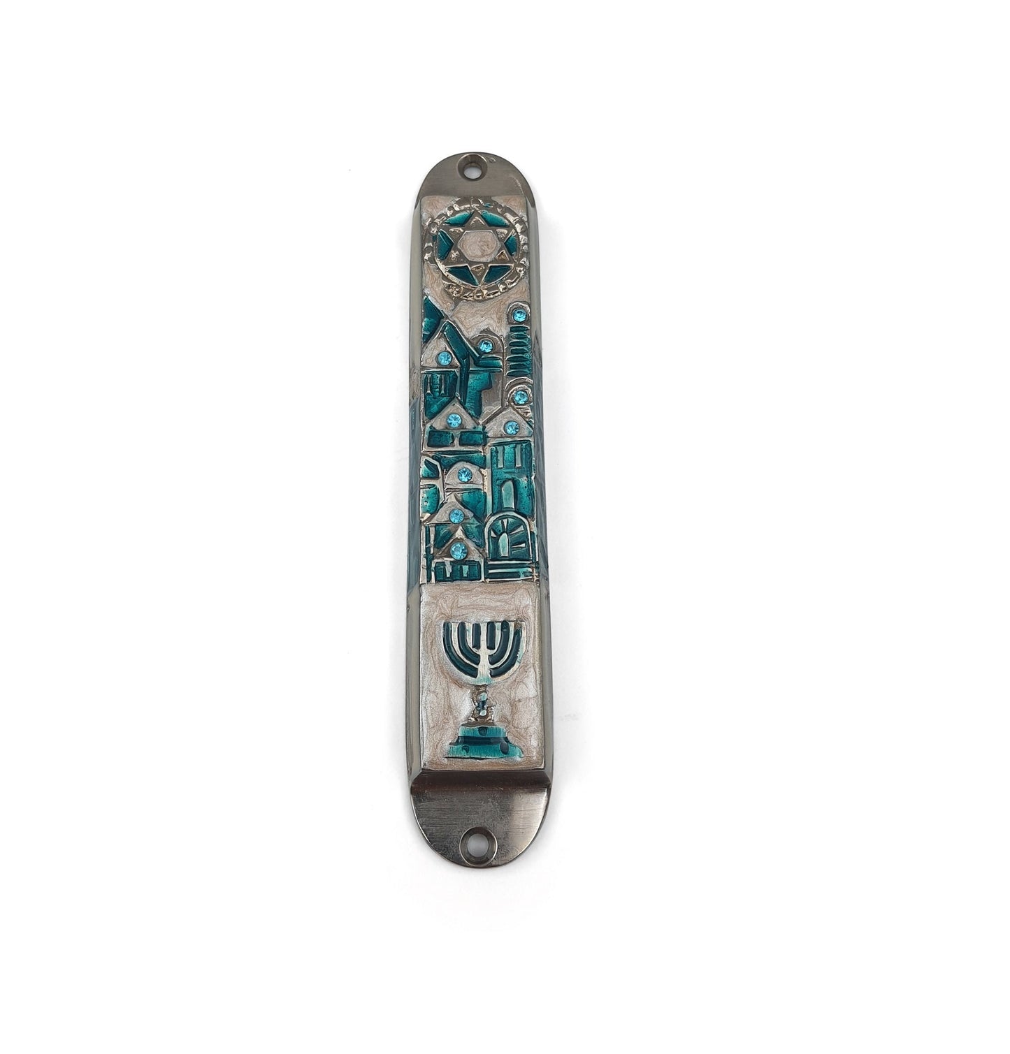 Jerusalem Design Door Mezuzah Case -  For 10 cm Scroll with enamel And Stones