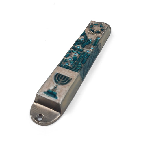 Door Mezuzah Case Design With Menorah & Old City Of  jerusalem -  For 10 cm Scroll