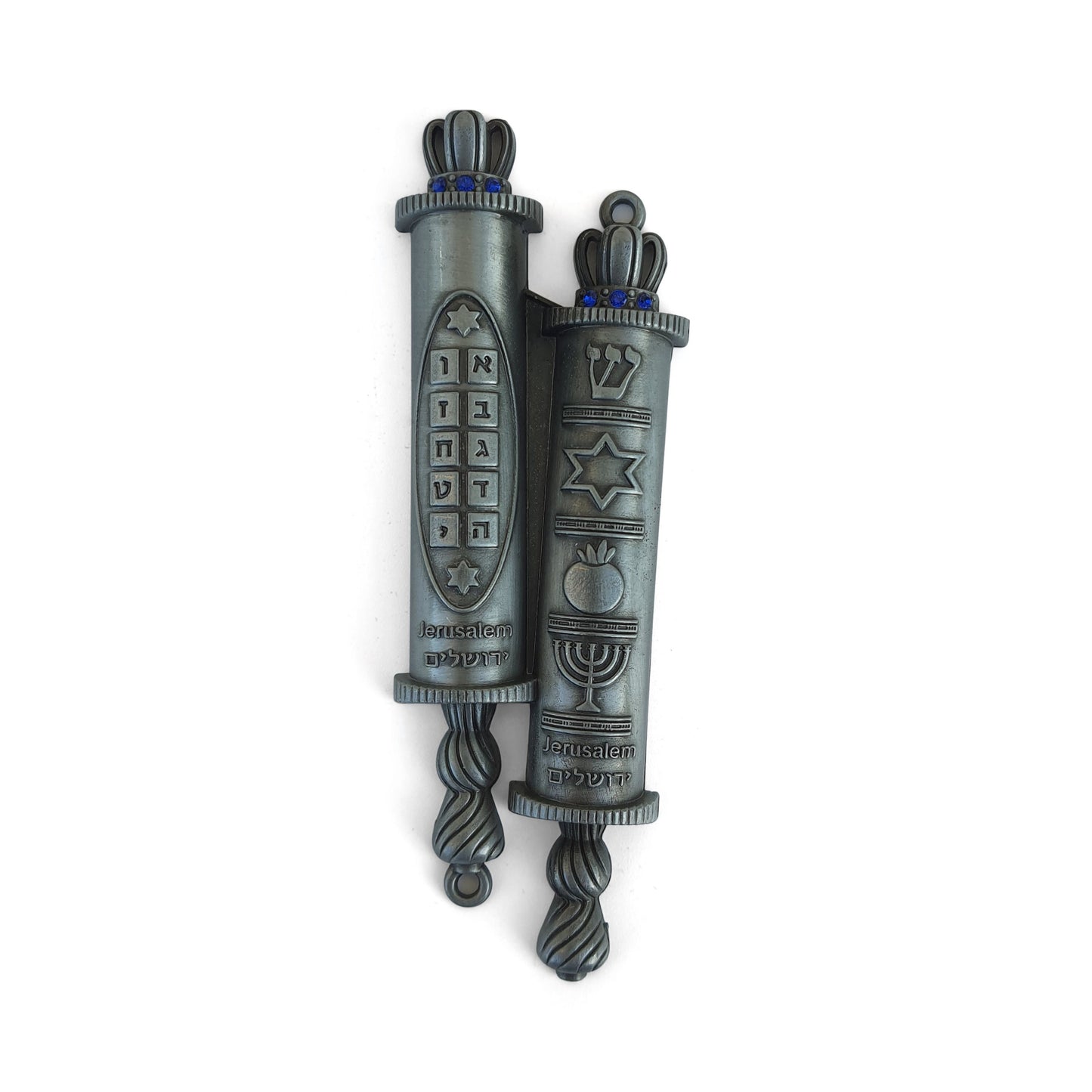 Torah Door Mezuzah With Jewish Symbols: Menorah, Shadai, Ten Commandments, Pomegrante And Star Of David, Metal Mezuzah Antique Silver Color