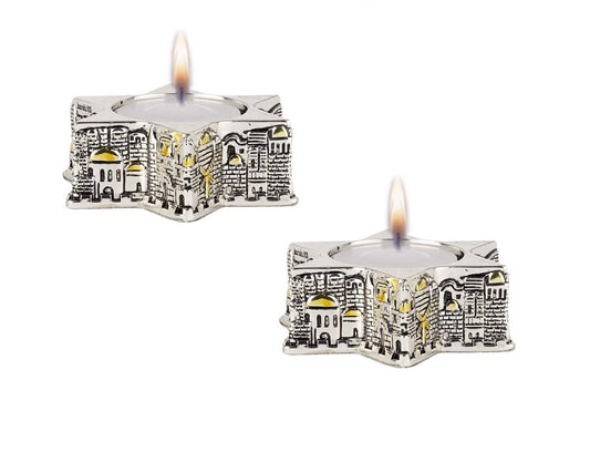 Shabbat Candle Holders Pair Of 2 Candle Sticks Silver Plated Jerusalem Design