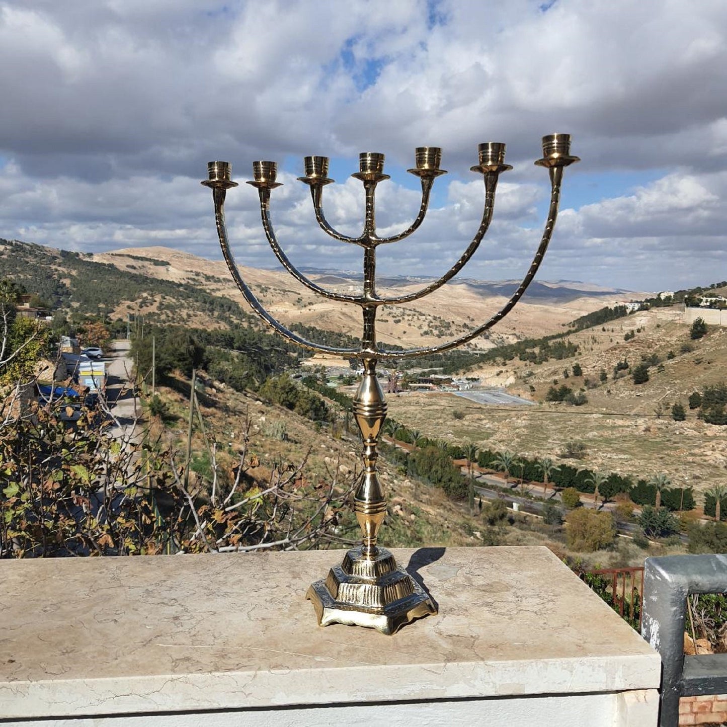 XXL Jerusalem Temple Menorah                 7 Branch Menora Made Of Brass Copper Beautiful Candle Holder, 17.3 Inch Height