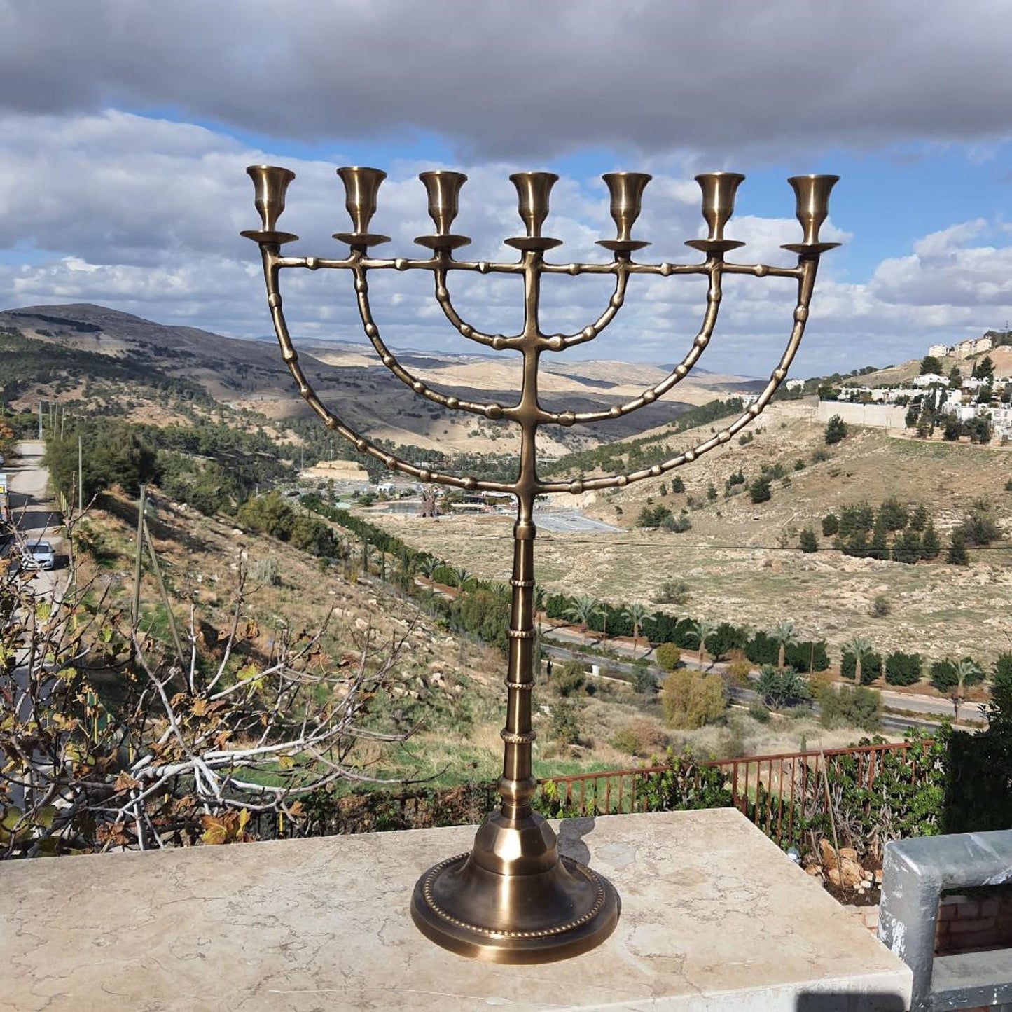 Jerusalem Temple Menorah Antique Style XXL 7 Branch Menorah 54 Cm, 21.3 Inch Made Of Brass Copper Authentic Design