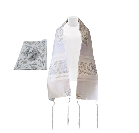 Prayer Shawl Tallit For Women 100% Kosher Embroidered WitH Flowers Include Matching Bag & Kippa