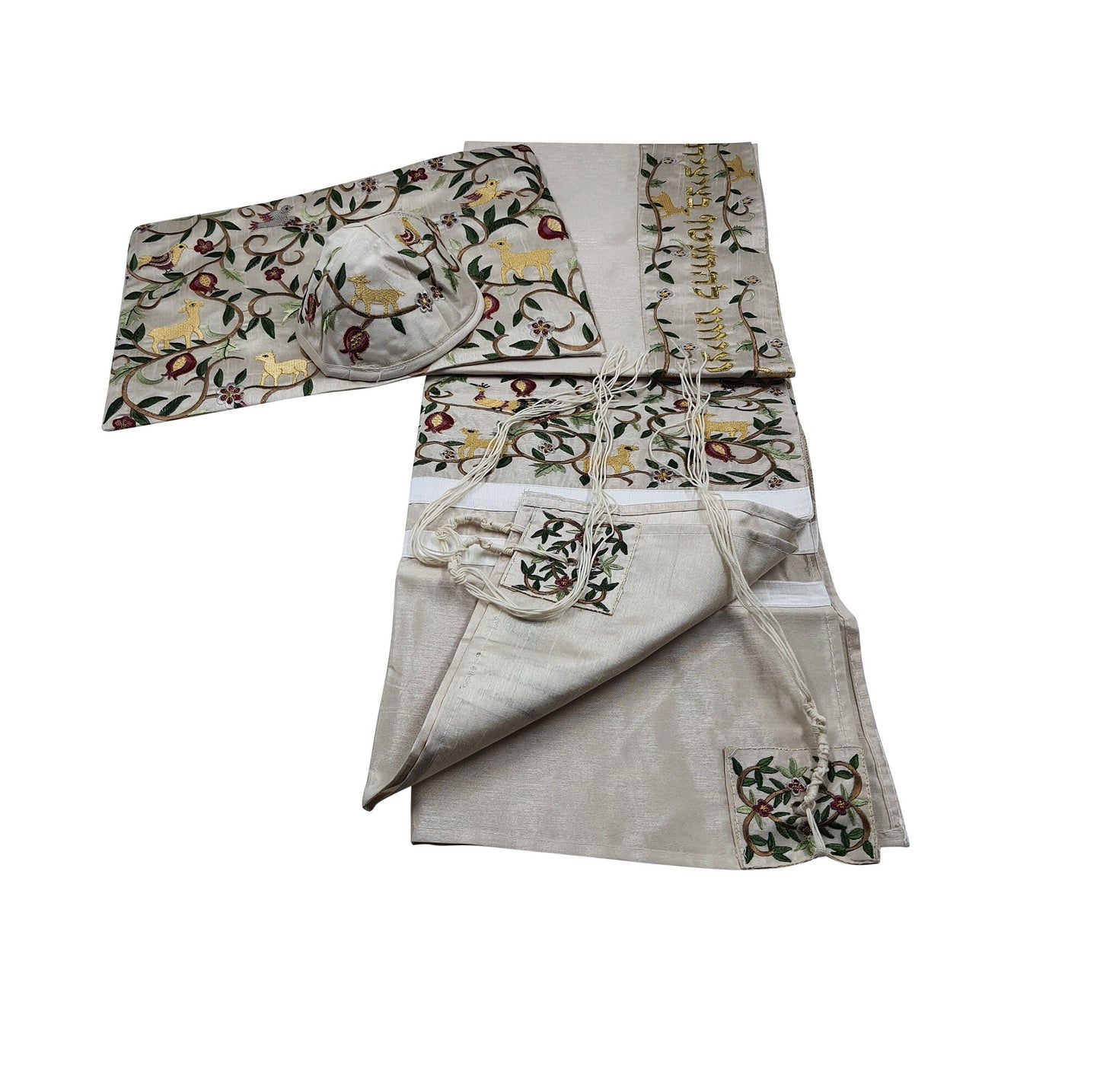 Tallit Prayer Shawl For Women / Bat Mitzvah 100% Kosher Embroidered WitH Flowers Include Matching Bag & yarmulka