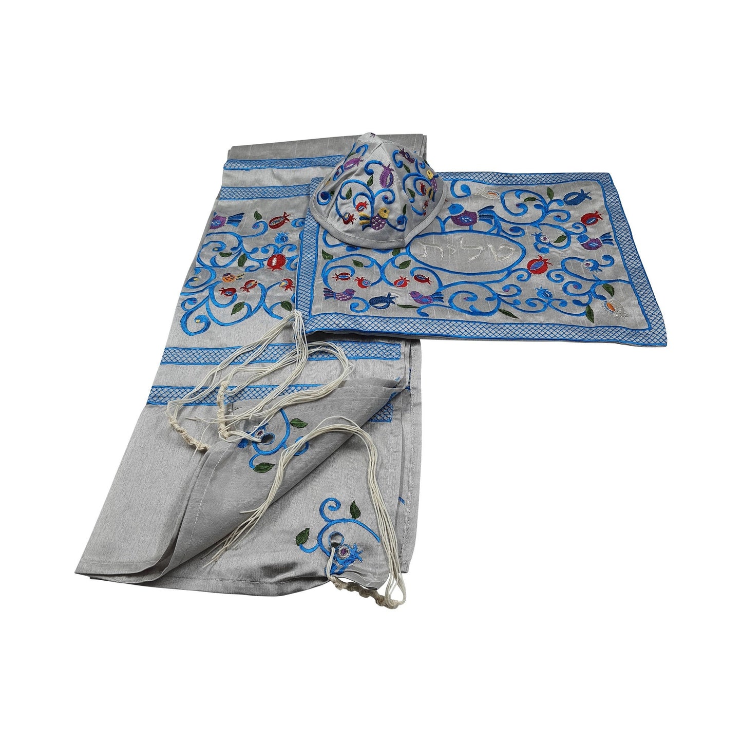 Tallit Prayer Shawl For Women 100% Kosher Embroidered WitH Pomegranates and Flowers Include Matching Bag & yarmulka