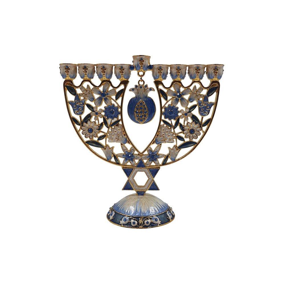 Blue and pale enamel Hanukkah menorah with a hanging pomegranate ornament, flowers and a Star of David