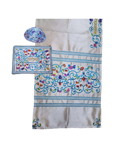 Prayer Shawl Tallit For Women 100% Kosher Embroidered WitH Pomegranates and Flowers Include Matching Bag & Kippa