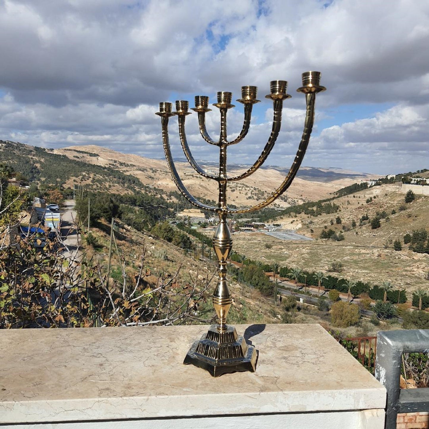 Jerusalem Temple Menorah 44 Cm XL Seven Branch Menorah 17.3 Inch Made Of Brass Copper Authentic Design