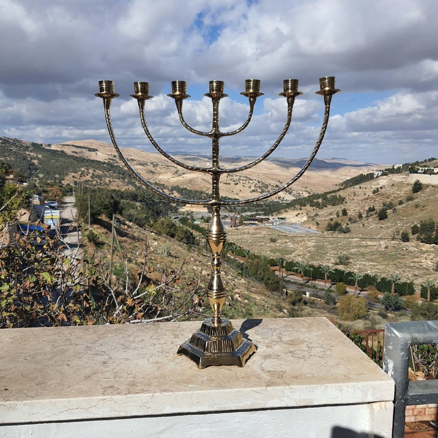 XXL Jerusalem Temple Menorah                 7 Branch Menora Made Of Brass Copper Beautiful Candle Holder, 17.3 Inch Height