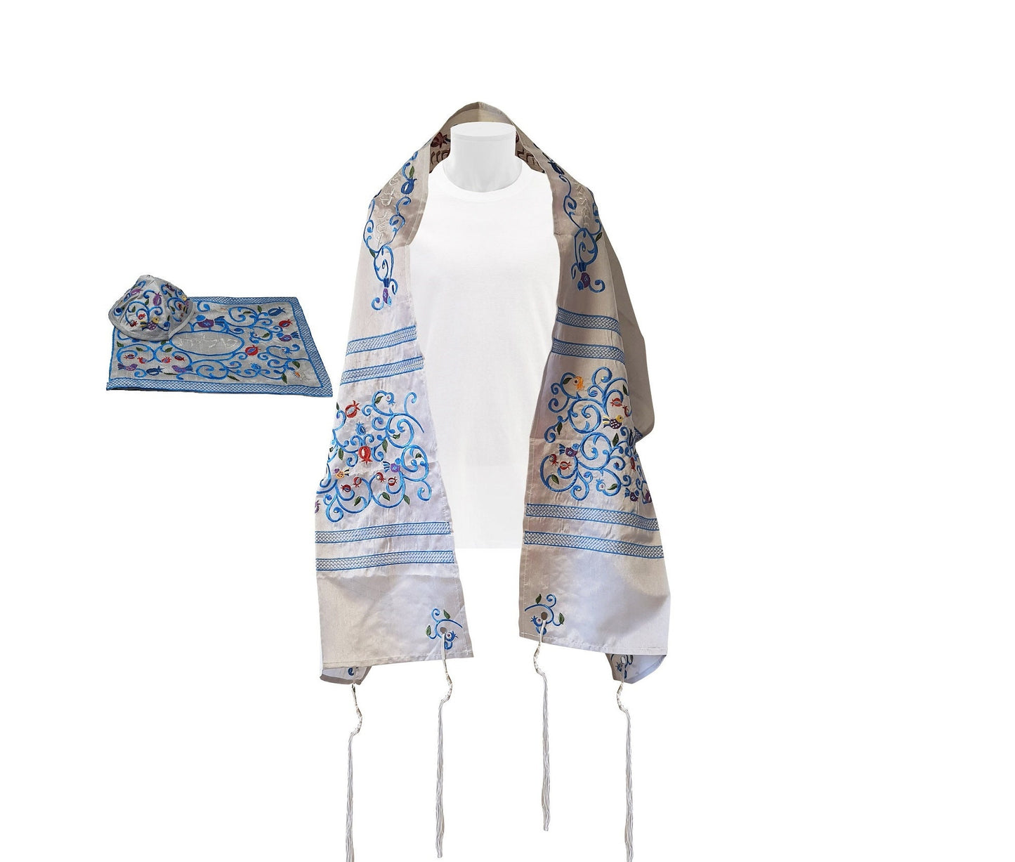 Prayer Shawl Tallit For Women 100% Kosher Embroidered WitH Pomegranates and Flowers Include Matching Bag & Kippa