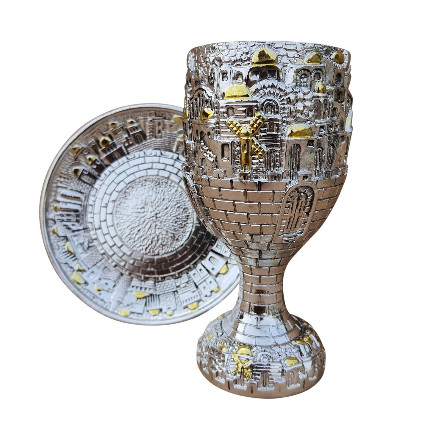 Kiddush Cup Jewish Goblet Chalice Silver Plated & Plate Jerusalem Design With Stones of the Breastplate